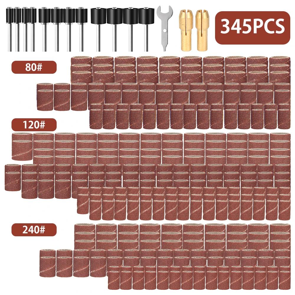 

345 шт. Набор шлифовальных барабанов 80 120 240 зернистость барабана шлифовальные рукава шлифовальные ленты биты вращающийся инструмент аксессуары для дрели WoodWorking2025