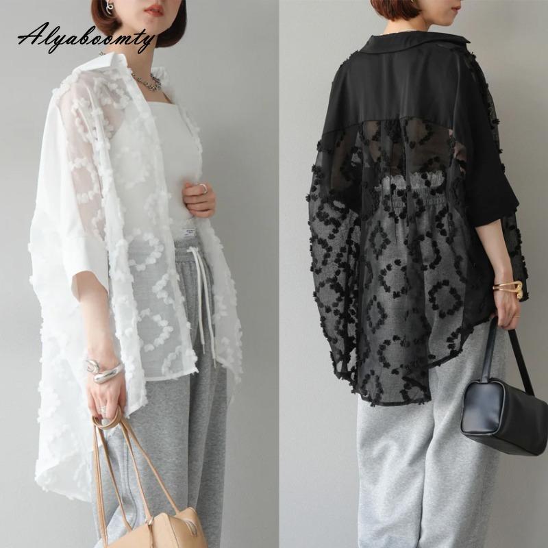 Korean Fashion Summer Spring Women Cardigan Turn-Down Collar White Black Oversized Lace Blouse Delicate Elegant Ladies' Thin Outerwear
