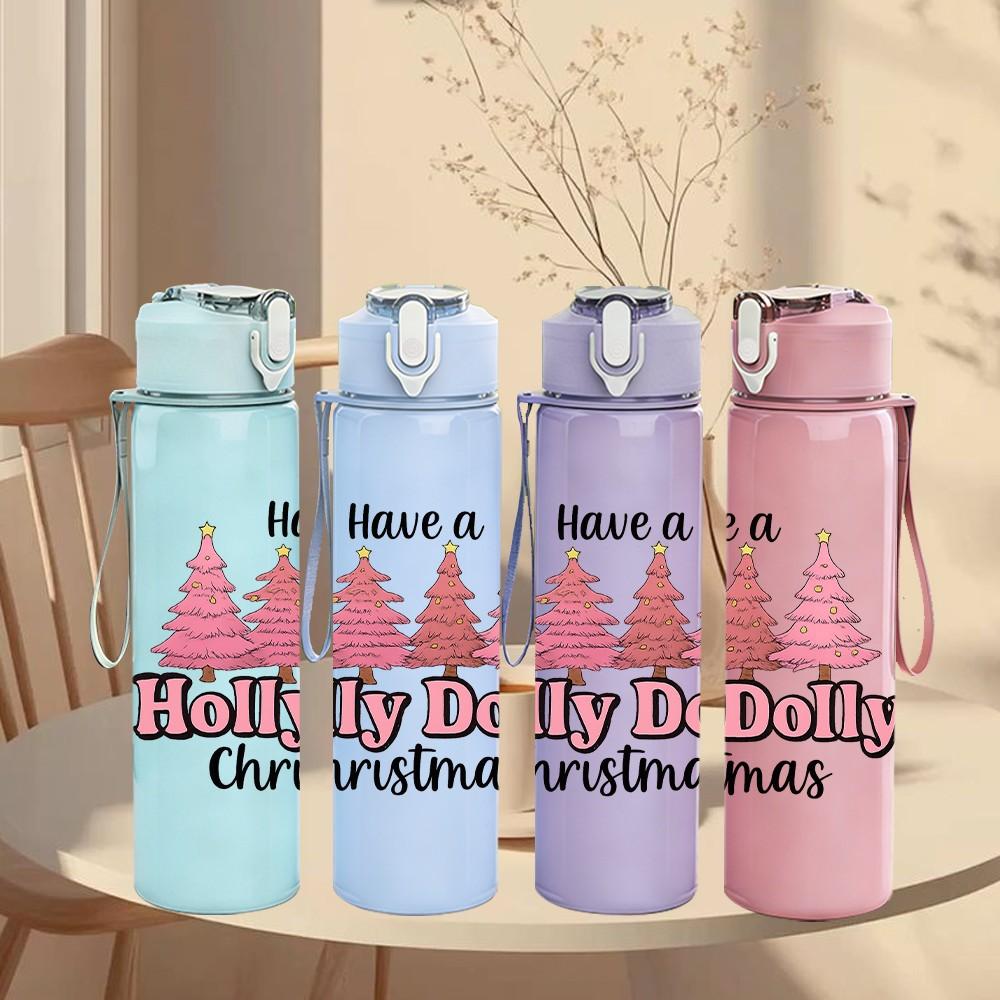 1PC Holly Dolly Christmas Pine Tree 750ml Color Plastic Sports Water Bottle Leakproof Flip Straw Lid Suitable for Sports Office Home Use
