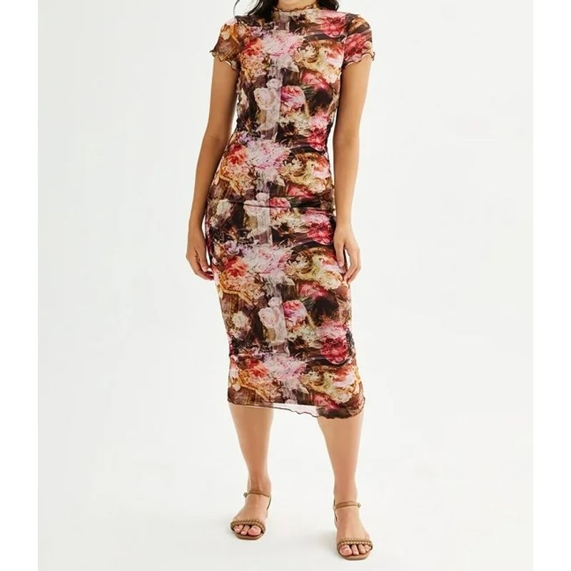 

Foreign Trade Order 2025 Summer New Mesh Perspective Elastic Exquisite Print Short sleeve Temperament Fashion Lace Dress Pink 2XL