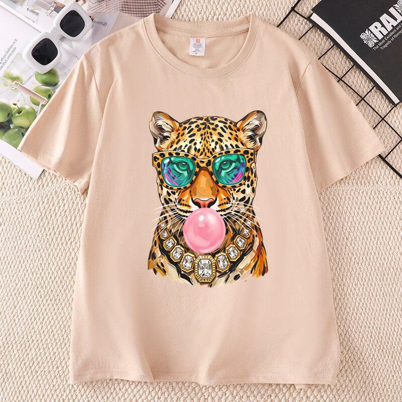 Trendy Leopard T Shirt Bubblegum Sunglasses Big Cat Graphic T Shirts Retro Animal Printed Tshirt Cotton Short Sleeve Tops