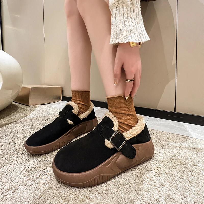 Shoes Female 2024 New Buckle Strap Women's Vulcanize Shoes Platform Women Sneakers Round Toe Flat with Warm Women's Casual Shoes