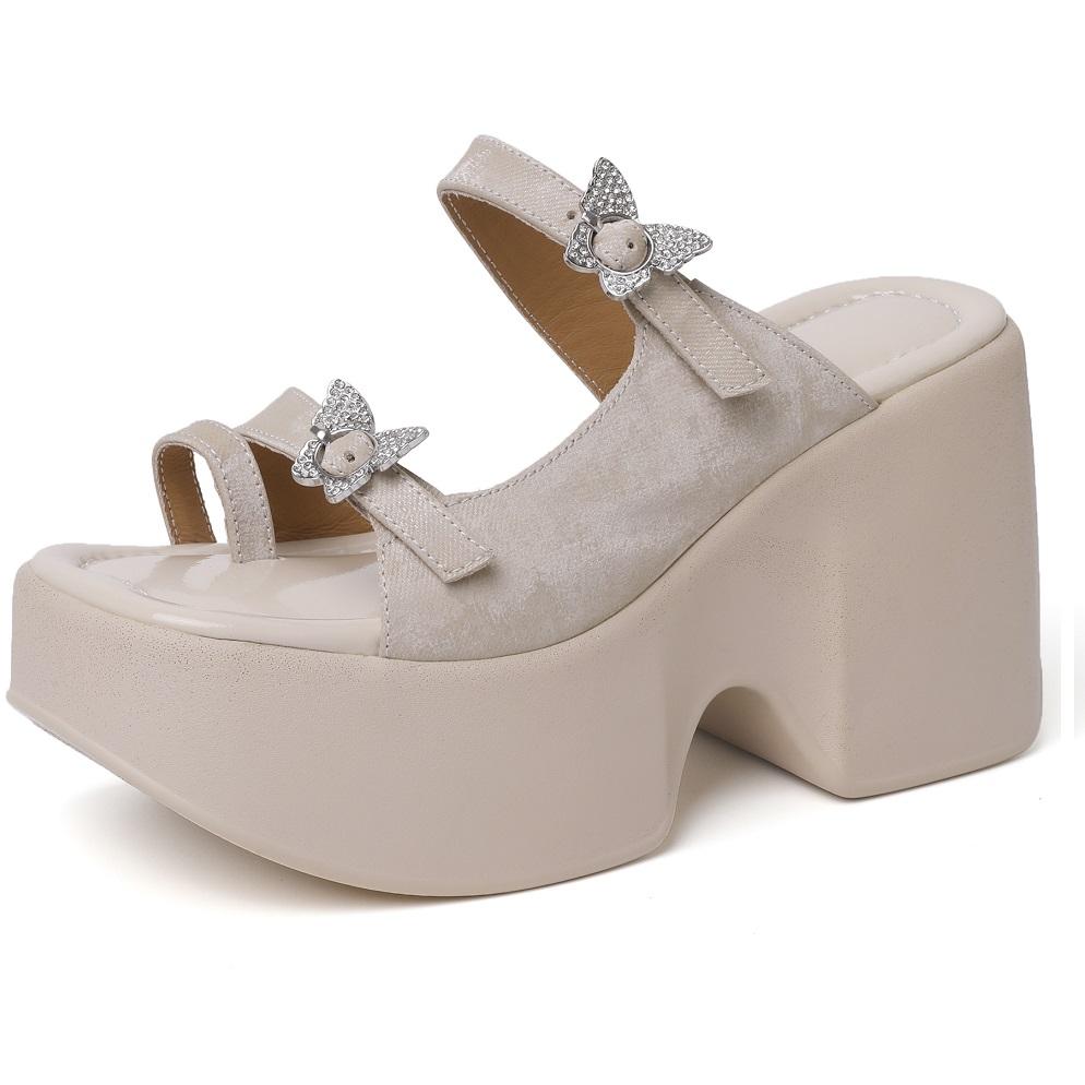 Summer France Style Outside Slim 10 CM High Heels Platform Peep Toe ButterFly Decoration Genuine Leather Women Rome Slippers