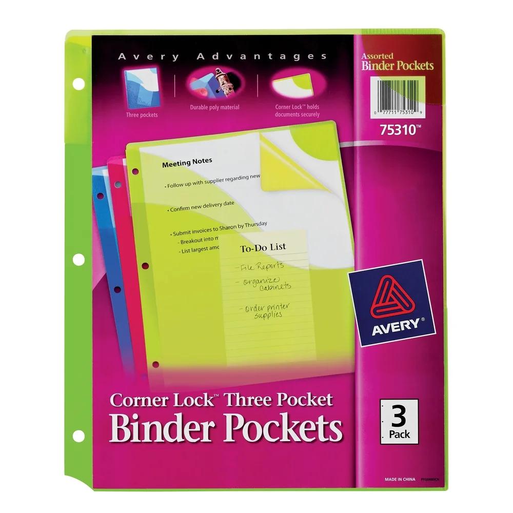Corner Lock 3 Pocket Binder Sleeves Document Storage Assorted Colors Durable Non-Tearing Polypropylene Pack of 3 Organizing