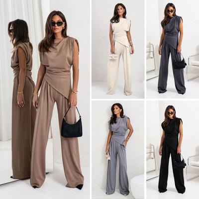 Women Fashion Two Piece Outfit Off Shoulder Irregular Top Wide Leg Pants Casual Loose Suit Breathable Wrinkle-Free Office Wear Suit Set for Various