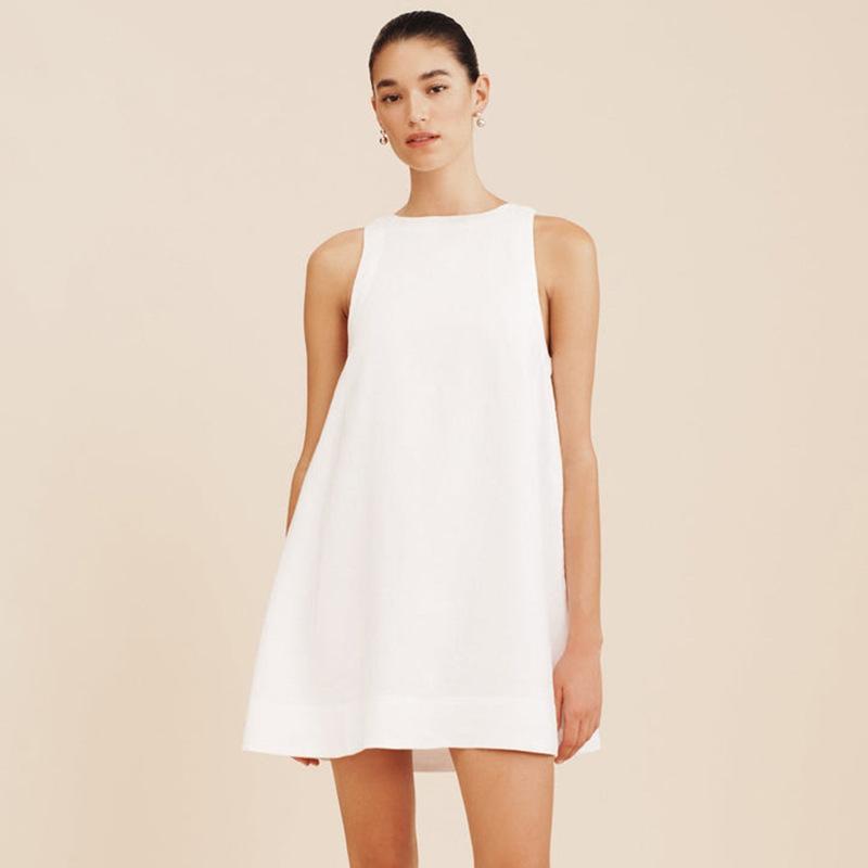 

Linen Dress Women s New Solid Color Sleeveless Vest Skirt Casual Commuter Crew Neck Skirt S білий