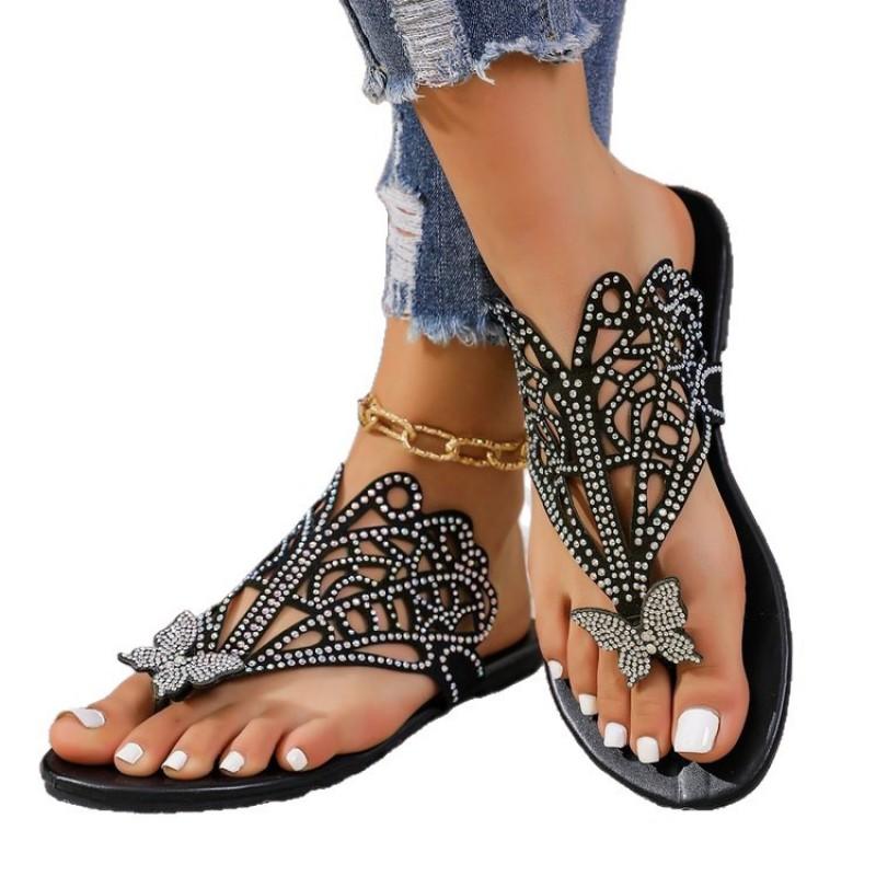 Womens Bohemian Rhinestone Flat Flip Flops Sandals With Toe Loop Velvet Upper Rubber Sole Plus Size 36-43