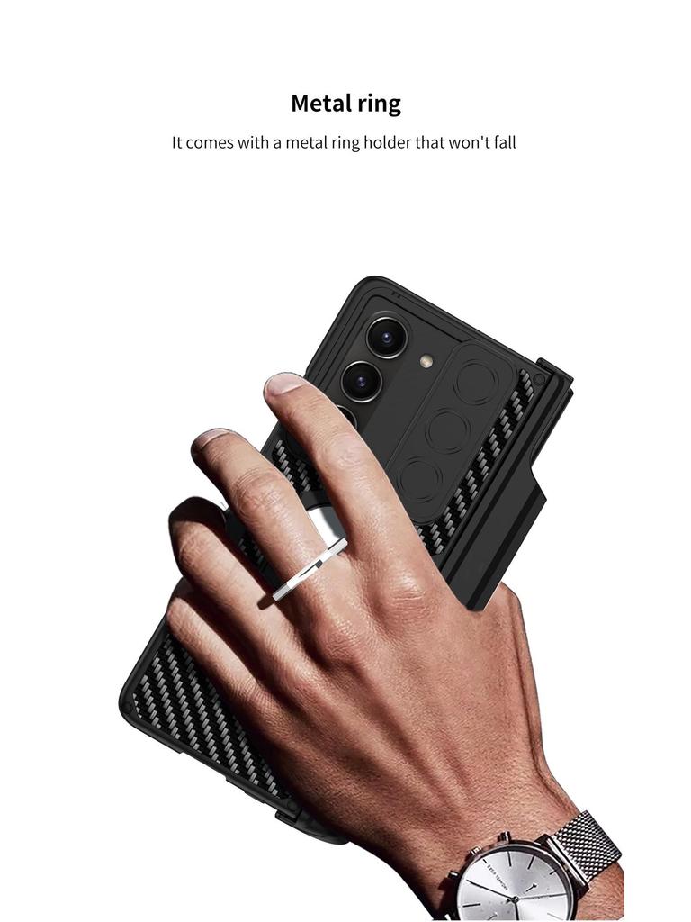 Samsung Z Fold 5 Magnetic Leather Armor Case with Push-Window Lens & Pen Holder