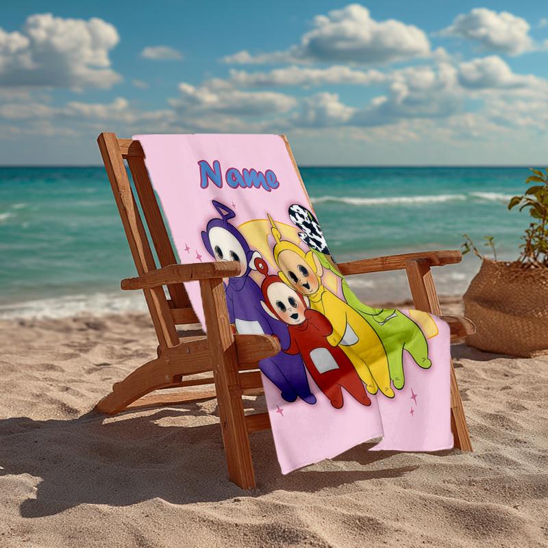 Custom Name Ultra-Soft Beach Towel with Teletubbies Theme,Ideal for Pool - Camping, Diving - Perfect Travel Essential, Vibrant Beach Towel.