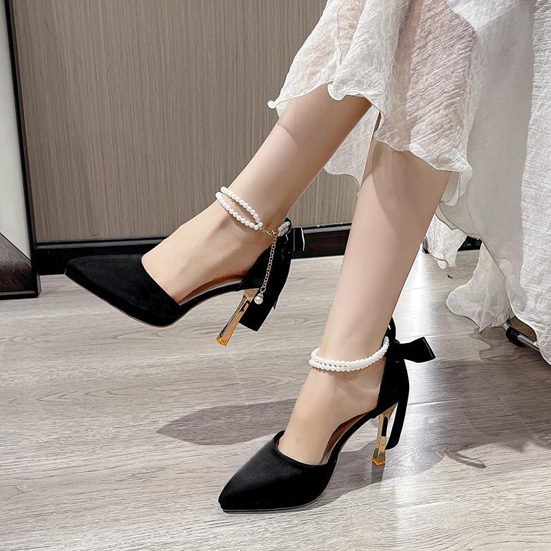 Platform Stiletto Single Shoes Spring and Autumn New Pointed Toe Shallow Mouth Beaded Slip Strap Non-slip High Heels