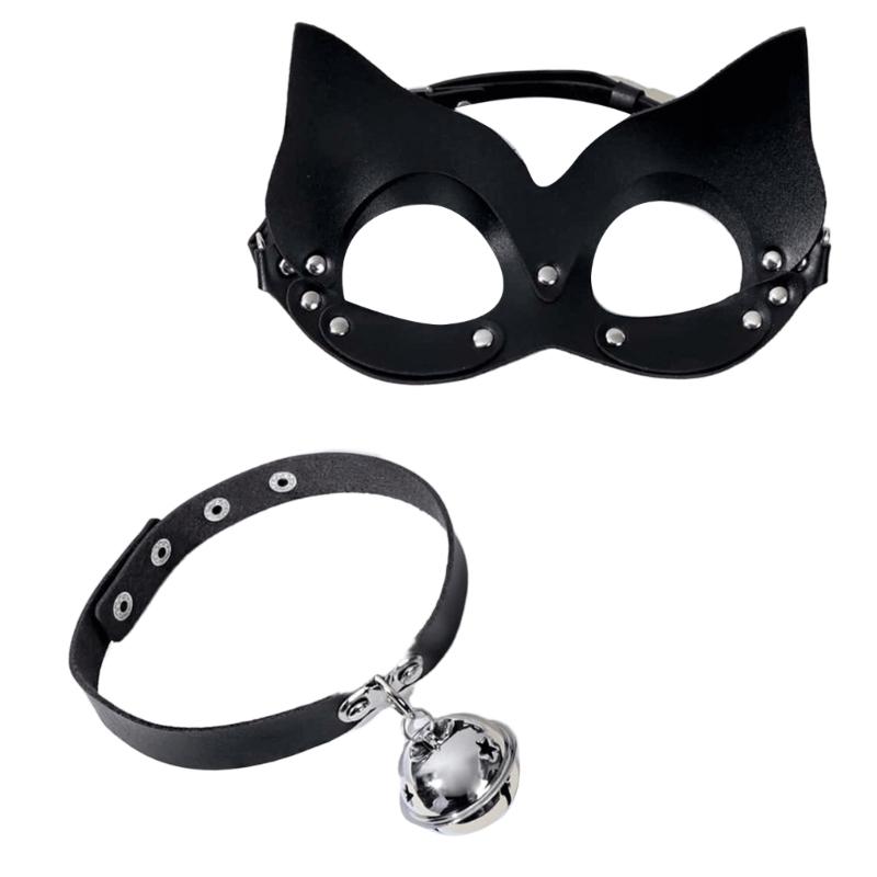 

Catgirl Eye Mask With Leather Rivets Choker Catgirl Costume Accessories Half Face Mask For Women Masquerade Halloween 1