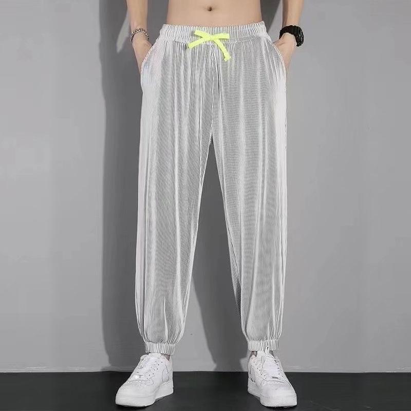 

Men s Casual Trousers New Summer Thin Trendy Loose Large Size Straight Vertical Ice Silk Pants 5XL