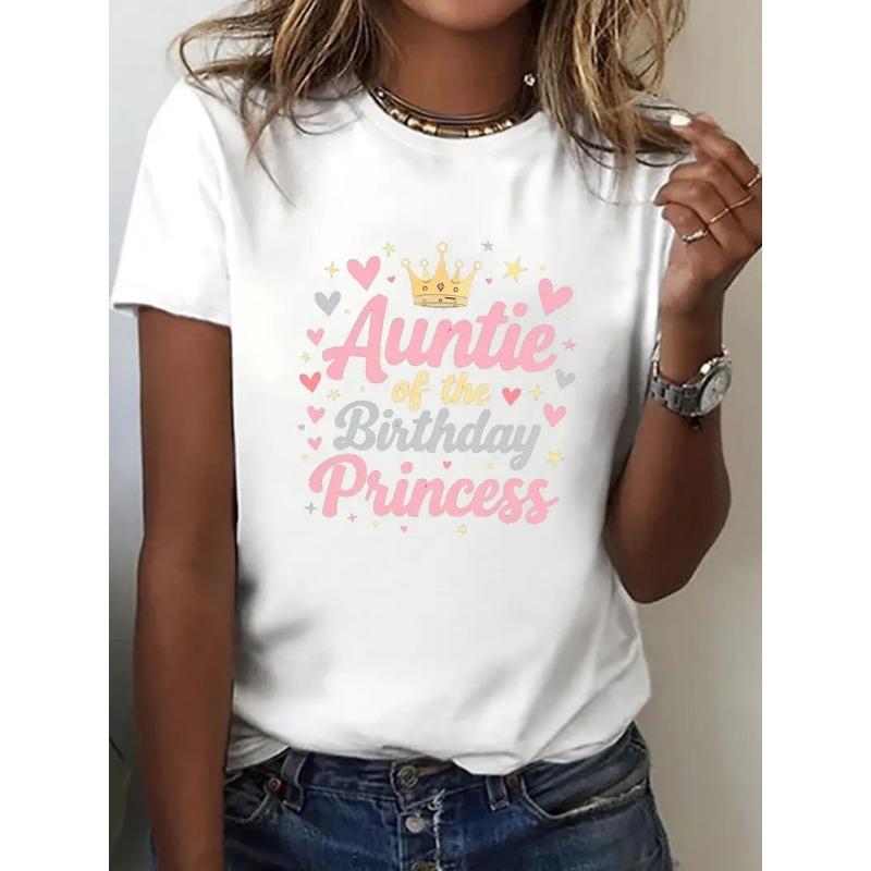 

European Size Women s Nurse for Princess Birthday & Auntie Print T-Shirt - Short Sleeve Round Neck with Heart & Star Patterns, Medium-Stretch S белый