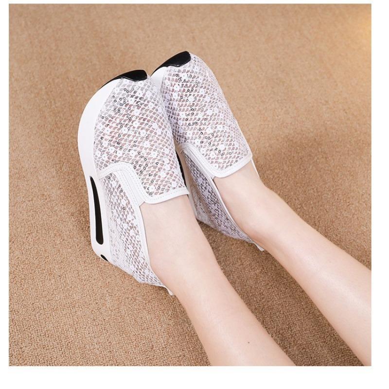 Inner height-increasing white shoes, lace sequins, mesh one-pedal single shoes for women, summer new breathable sneakers for women