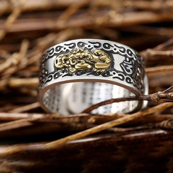 Lucky Men Silver Plated Piqiu Heart Sutra Engraved Opening Finger Ring Jewelry