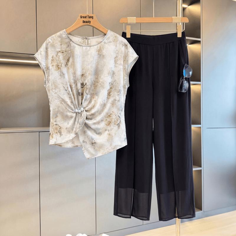 Middle-Aged Women s Ink Wash Chiffon Two-Piece Set 2XL