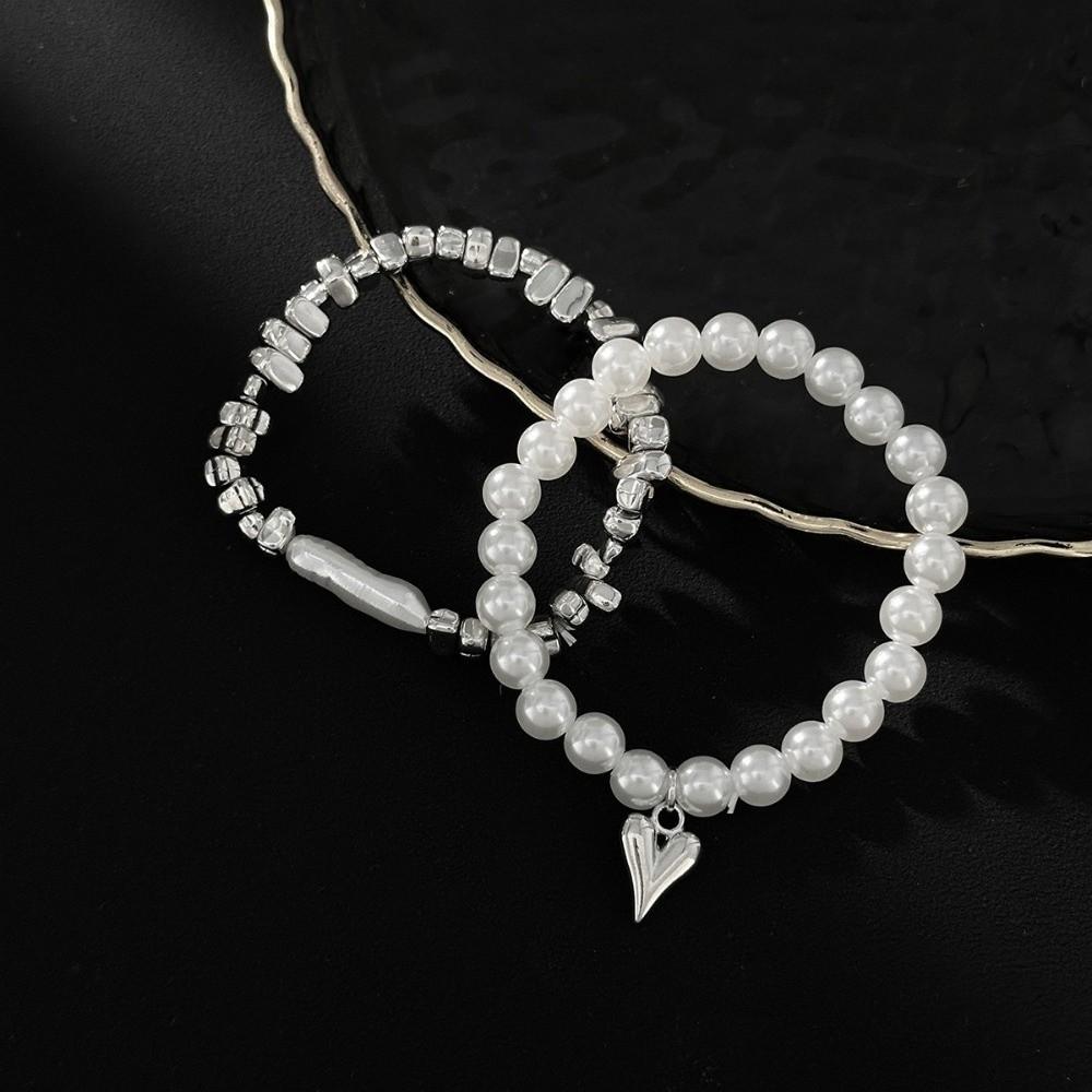 Silver Heart Pendant Bracelets Beaded Metal Hand Chain New Imitation Pearl Bracelets  Women