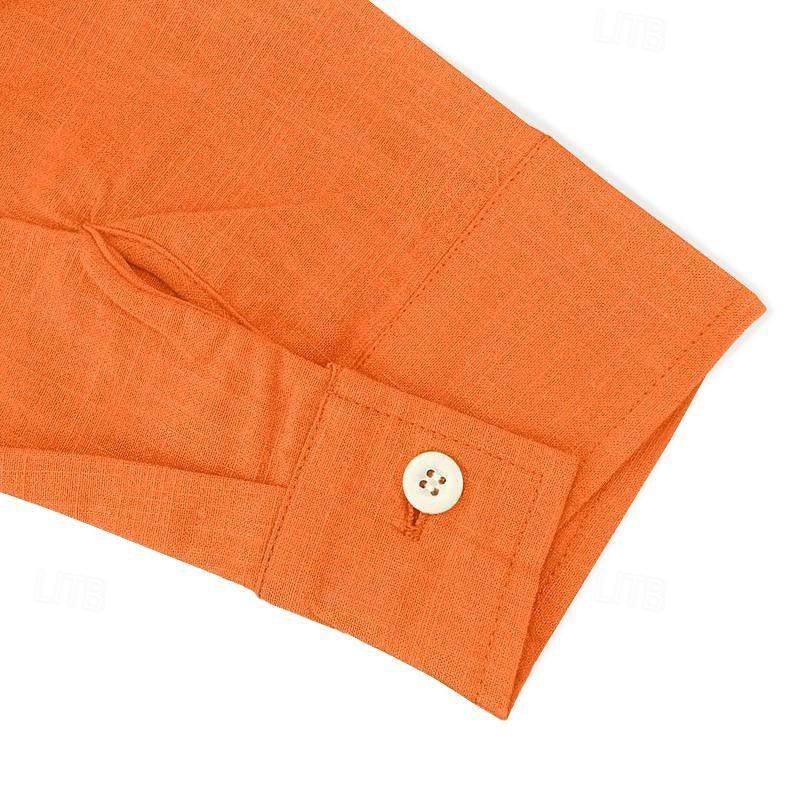 Spring and Summer Men's Cotton and Linen Lapel Loose Shirt Pullover V-neck Tether Long-sleeved Shirt