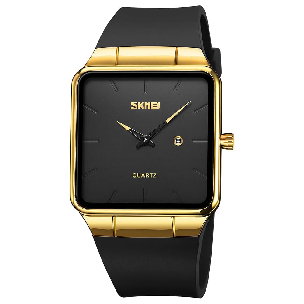 Square Men s Watch Leather Strap Black Simple Slim Stylish Waterproof Business Casual Gold Black