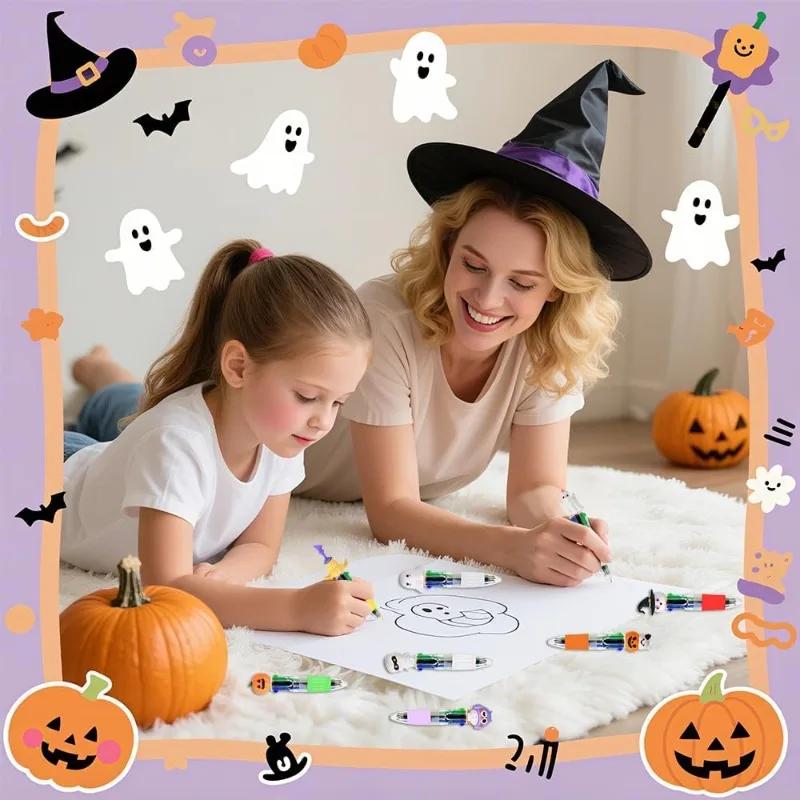 4/8pcs Pumpkin Ghost Bat Halloween Pen Mini 4in1 4 Color Retractable Colored Ballpoint Pen Writing Stationery School Party Gift