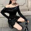Šaty Ženy Sexy Pěkné Dívky Slash Neck-Off-Ramen Slim Fit Boky zakrývající Šněrování Všechny zápasy Korejské trendy jaro Y2k