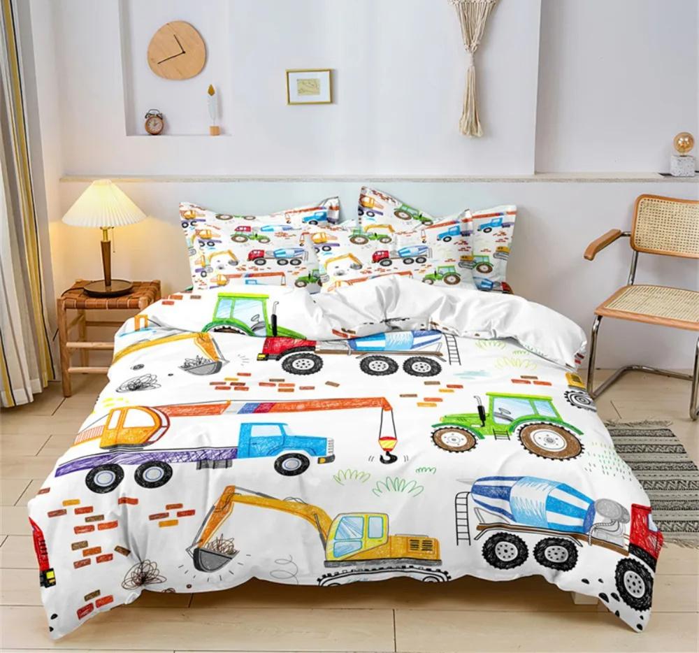 Cartoon Auto Bettwäsche Set Baufahrzeuge Bettbezug 3 Teile Kinder Maschinen LKW Weicher Polyester Bettbezug Für Jungen Geschenk