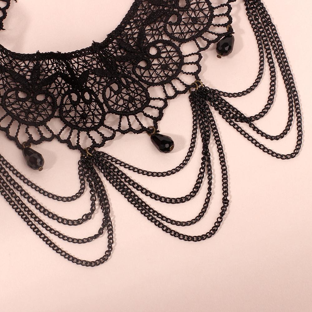 Gothic Lolita Chocker Collar, Japanese Retro Black Lace Multi-layer Chain Necklace
