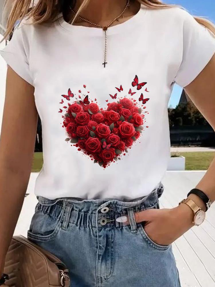 (Asian Size)  Sweet Flower Trend 90s Graphic Tee Fashion T Clothing Women's Top  Print Female Casual  Short Sleeve T-shirts