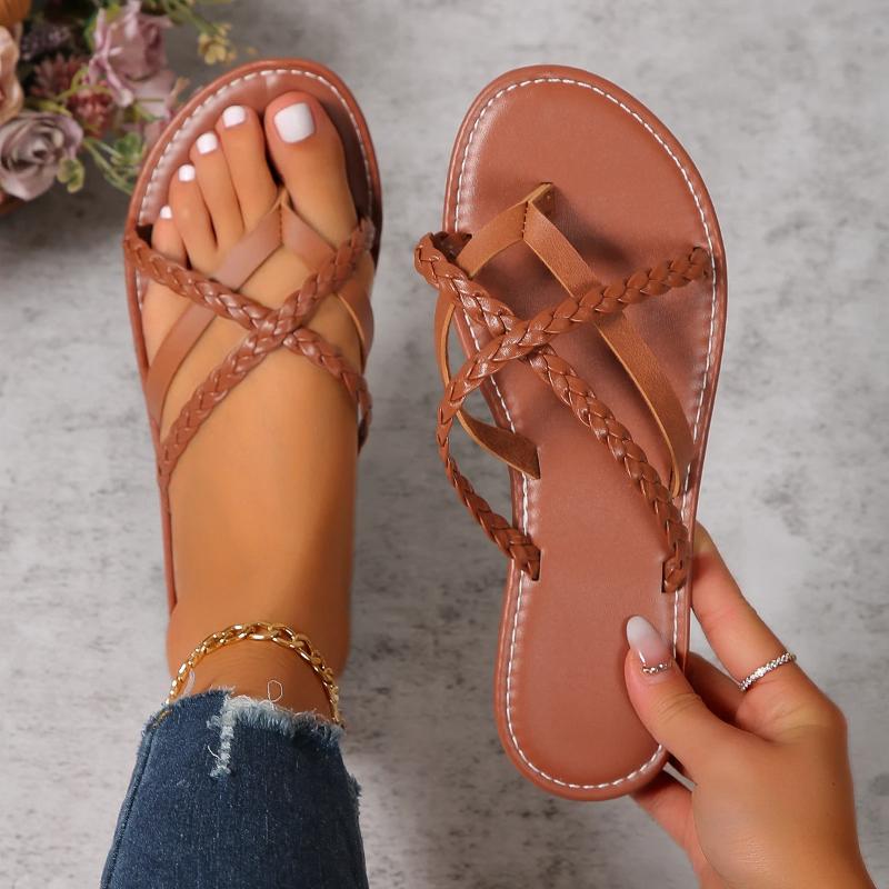 2026 Neuer Sommer Mode Stil Flip-Flops Vielseitige Lässige Damen Sandalen Einfarbige Gewebte Flache Zehentrenner Weiche Sohle Damen Hausschuhe