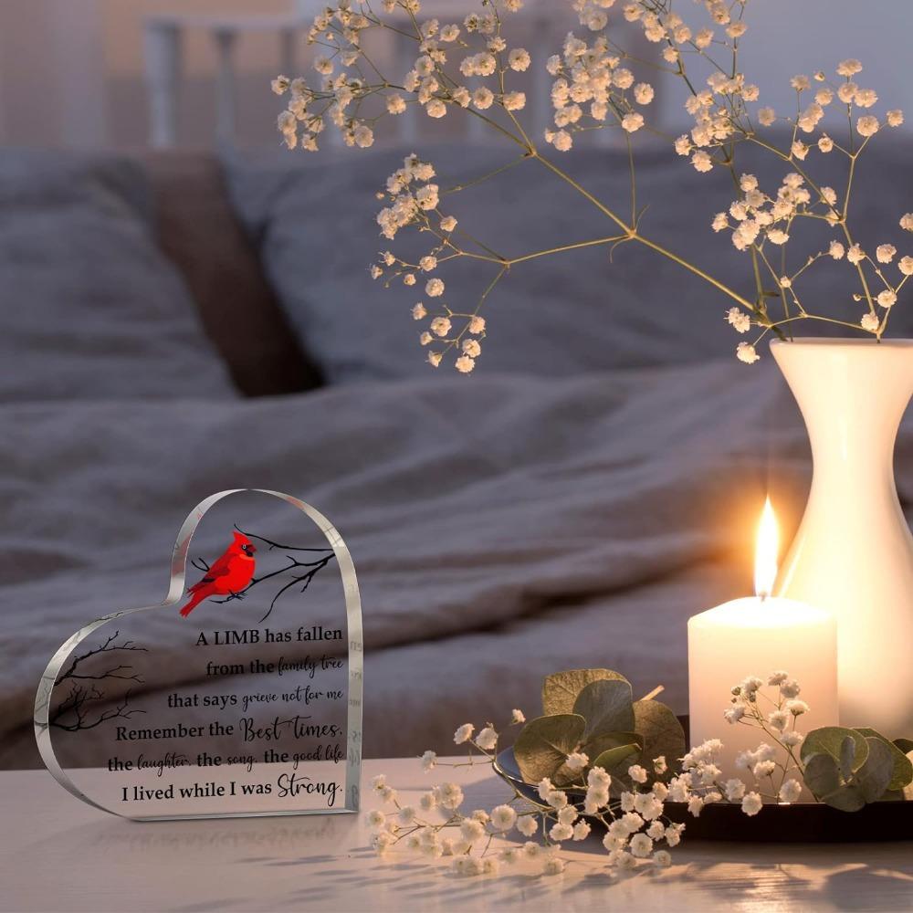 Red Cardinal Memorial Heart. Acrylic Condolence Gift & Table Centerpiece for Loss of a Loved One.