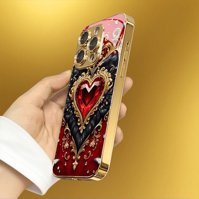 Złoty Wzór Serca Złoty Metaliczny Lakier Hartowane Szkło Etui na Telefon Dla iPhone 11 12 13 14 15 16 17 Pro Max Plus 17 Air 16E Pokrowiec
