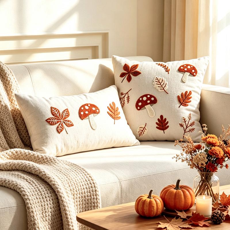 Federa Cuscino Autunnale con Funghi e Foglie d'Acero 3D Goffrati Cotone Lino Quadrata Lombare Decorazione Retrò Copricuscino per Divano 45x45cm