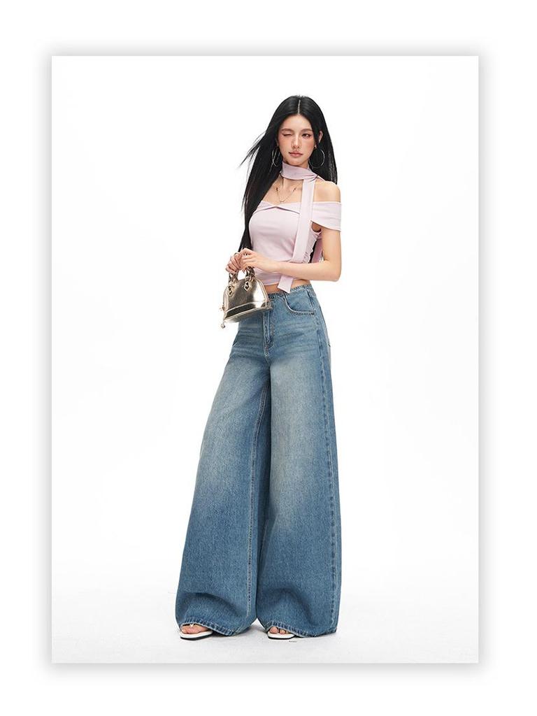 2026 Spring Women's Retro Wide-Leg Jeans: Waistless, Versatile, Loose, Slimming, Floor-Length Pants