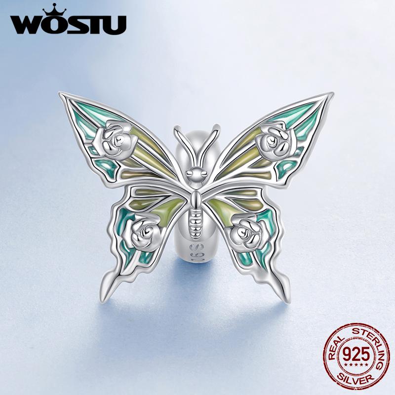 WOSTU 925 Sterling Silver Colorful Butterfly Pendant Flower Silicone Beads Rainbow Crab Charm Fit Original Bracelet Necklace DIY