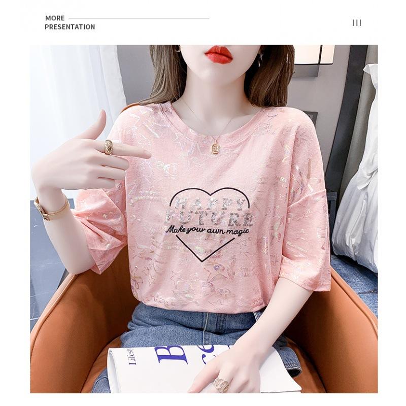 Women's Summer New High-end Ice Silk Short Sleeved T-shirt Thin, Loose, Gold Hot Stamping, Shiny Sequin Versatile Top