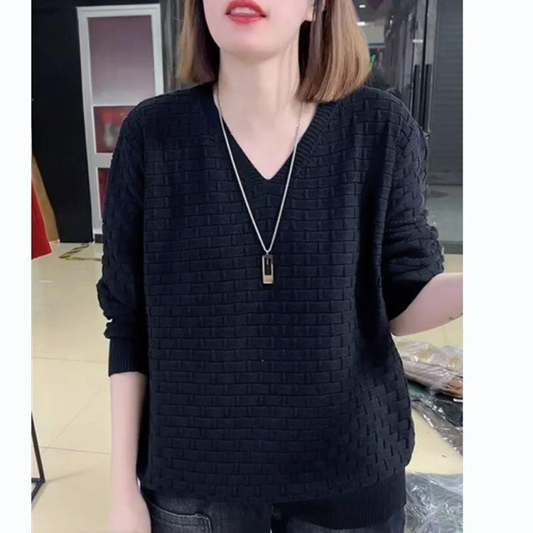 Spring Plus Size Women's Long-sleeved Knit Sweater Mother Plus Fat To Increase V-neck Lazy Style Solid Color Loose Top