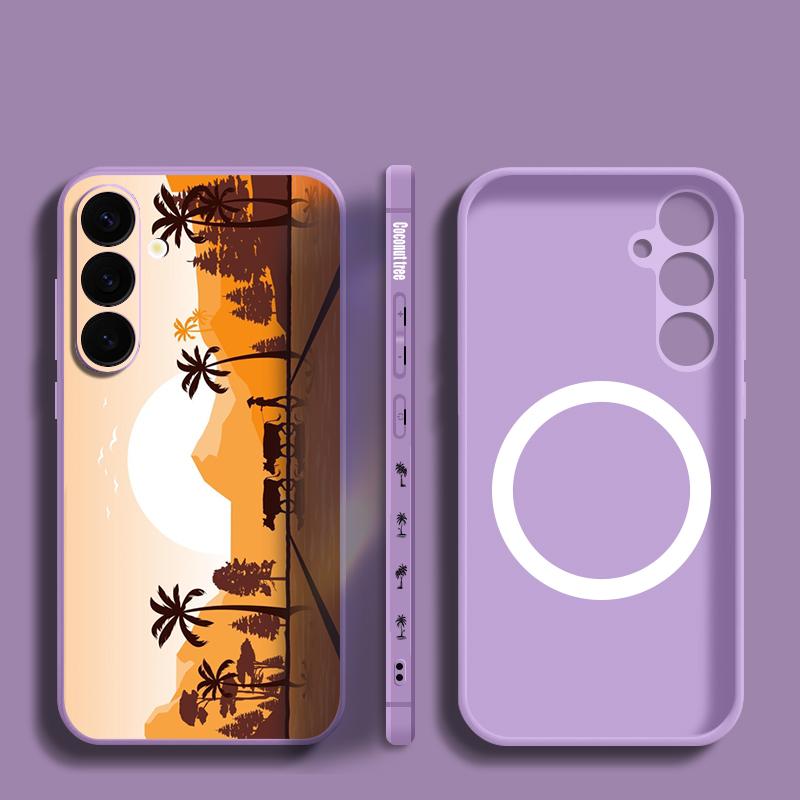 Seaside Coconut Print Case For Samsung Galaxy S26 Ultra S25 FE S24 S23 S22 Plus S21 FE Built-in Metal Plate Magnetic Silicone Cover