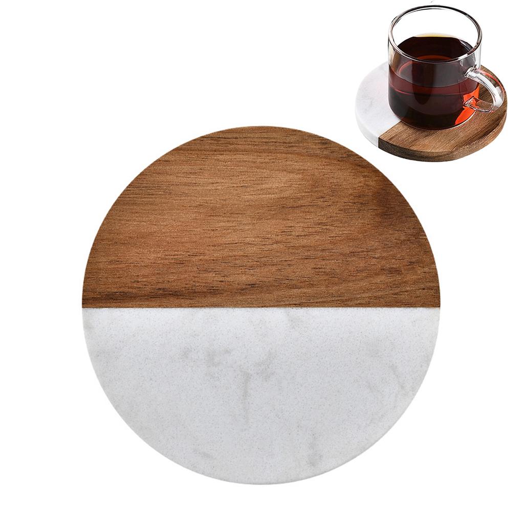 4PCS Marble And Acacia Wood Coaster Set Heat Resistant For Home Dining Table