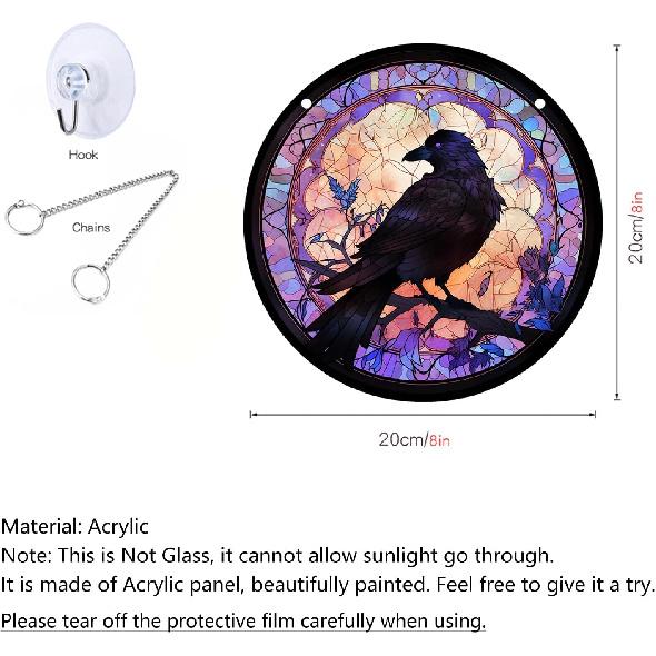 Crows Halloween Decor Reddish Purple Crow Stained Acrylic Window Hanging, Halloween Fall Horror Gothic Witchy Indoor Round Wall Art Decor Raven Gifts