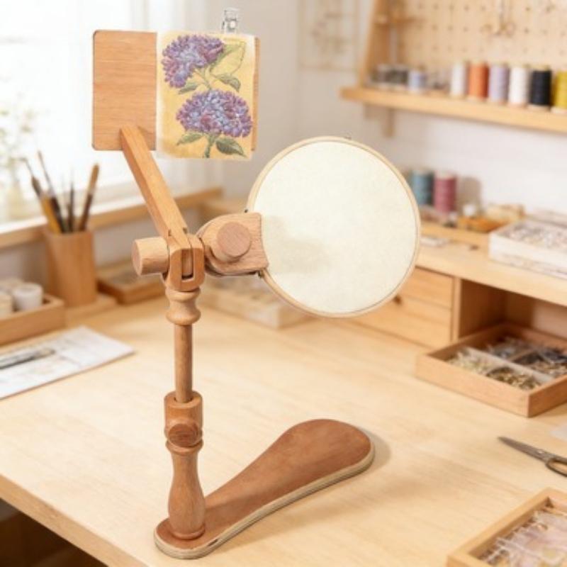 Embroidery Hoop Stand Adjustable Beech Wood Cross Stitch Stand Rotated Embroidery Frame Stand Desktop Embroidery Frame for Art