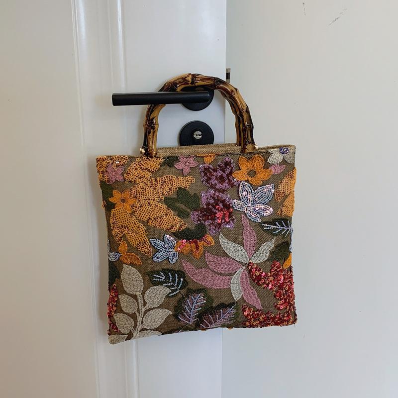 2024 Women's Cross-border Linen Bamboo Handbag with Embroidery and Sequins