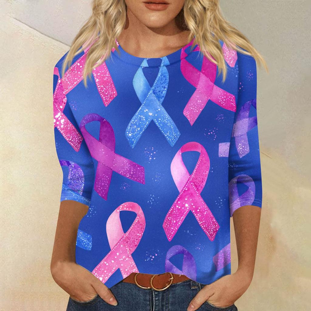 Women's Fashion Casual Seven Split Sleeve Printed Loose Round Neck Top