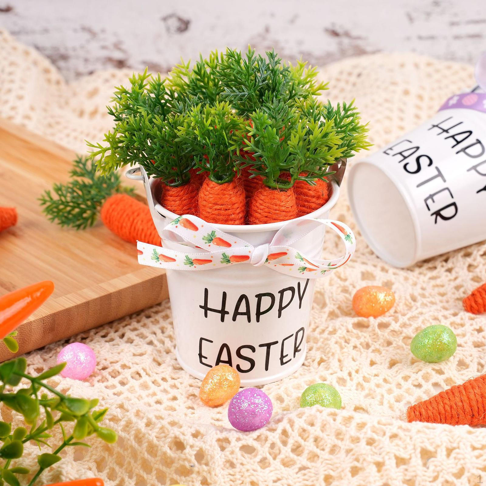 Easter Carrot Bucket Basket Handheld with Handle Collecting Decor for Garden Party White Printed Bow