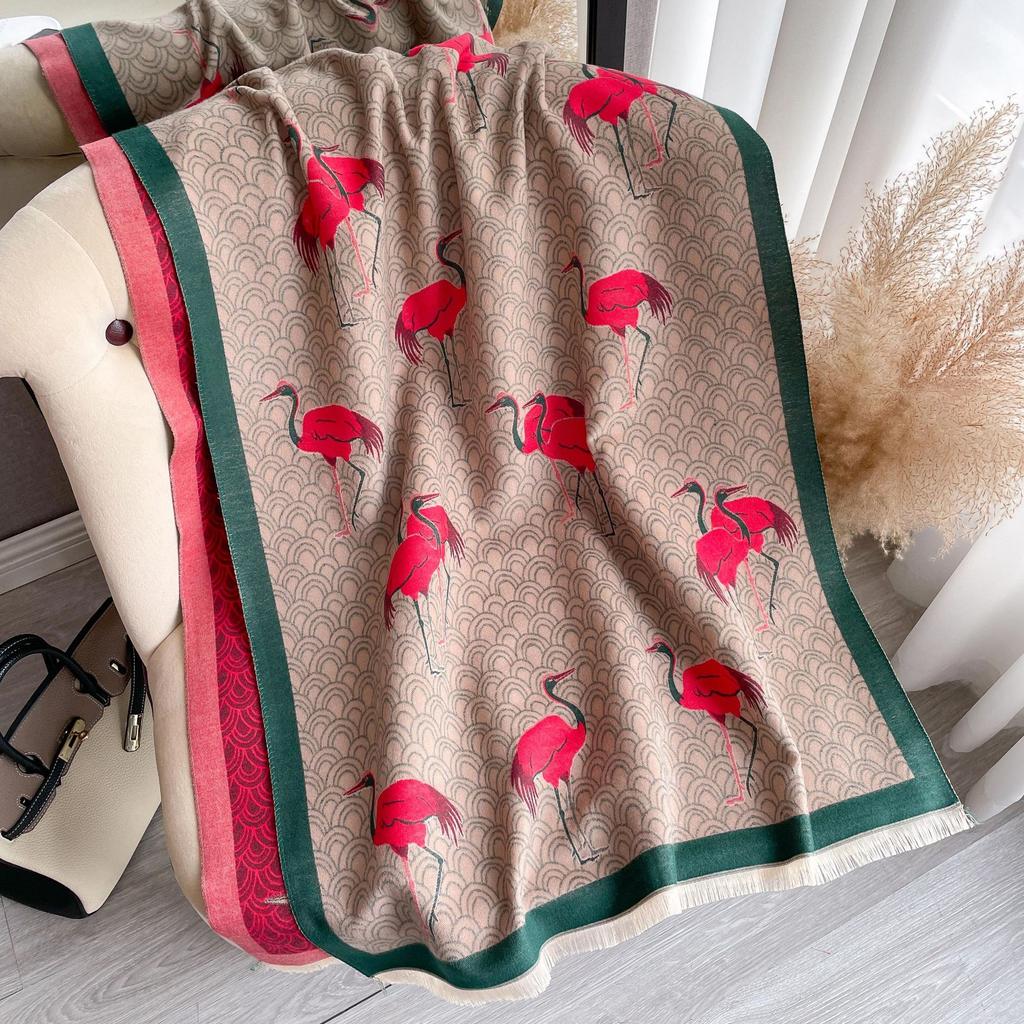 Crane Picture Imitation Cashmere Thickened Scarf Scarf Women'S Extended Printed Fashionable Simple Shawl