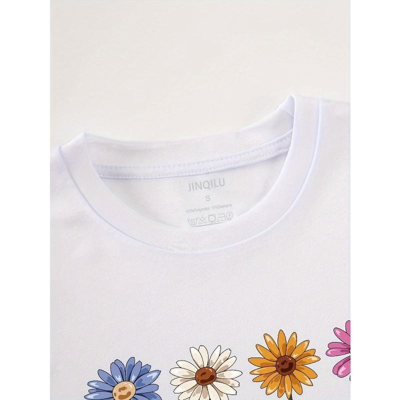 European Size Cute Flower & Letter Print Casual T-shirt, Crew Neck Short Sleeve Top For Spring & Summer, Women's Clothing