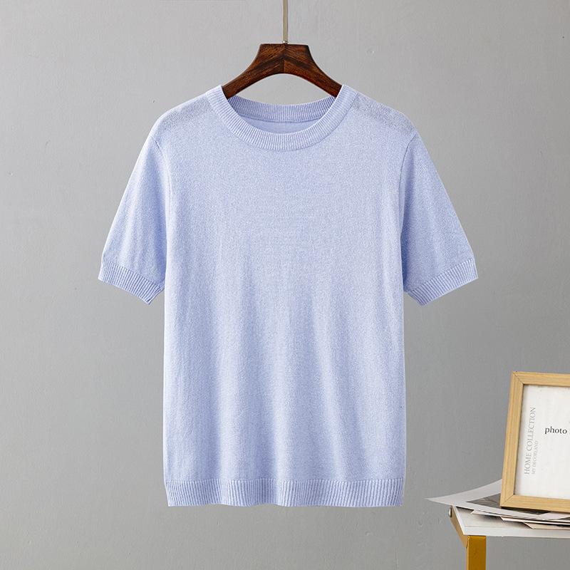 Pletená trička Jednobarevná Kulatý výstřih Krátký rukáv pro ženy Volné pulovrové topy Retro styl Stylové dámské Lesklé ledové hedvábí Šifonové halenky Košile