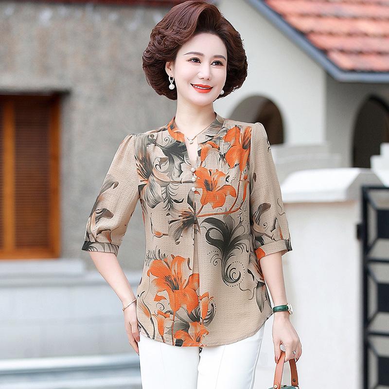Summer Vintage Broken Flowers Blouse Commute Single-breasted Female Clothing Folk Casual Round Neck Half Sleeve Shirt