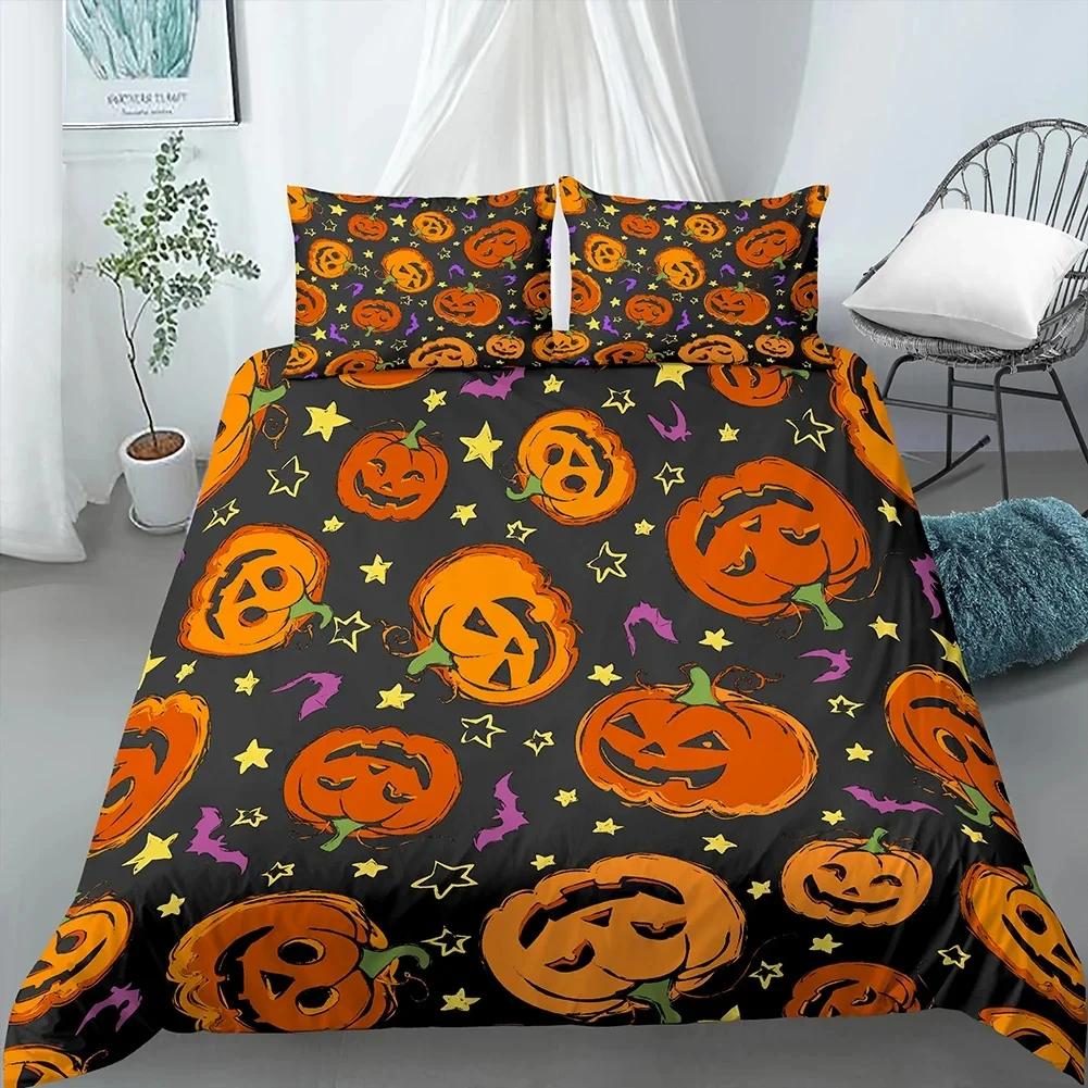 Happy Halloween King Queen Duvet Cover Orange Pumpkin Bedding Set Boys Teens Adults Bats Horror Festival Polyester Quilt Cover