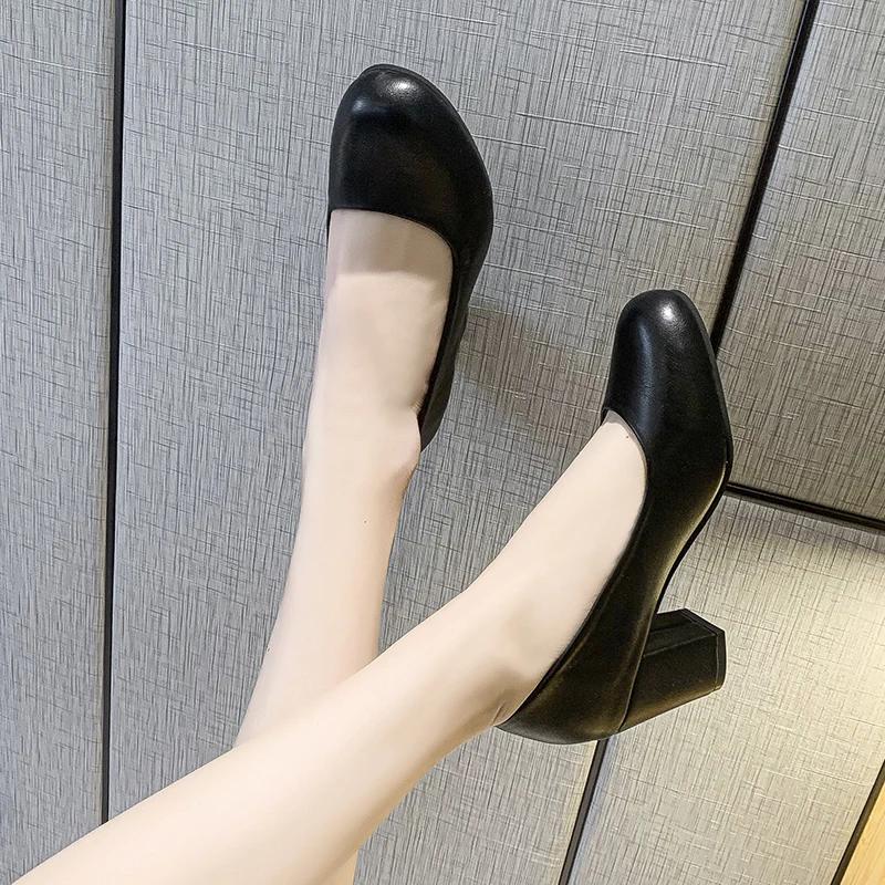 Women's Pumps Spring Autumn Round Toe Fashion Black High Quality Square Heel Party Lady Elegant Mom Slip-on Casual Basic Shoes