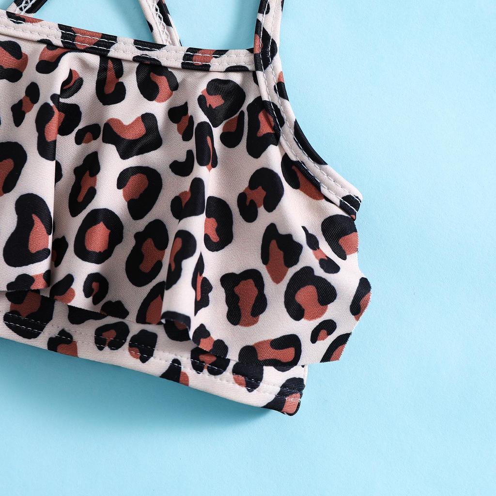 Girls' Leopard Print Sporty Swimsuit Set - Split Sling Style